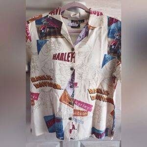 Women's Vintage Harley Davidson creme printed   button down blouse Large